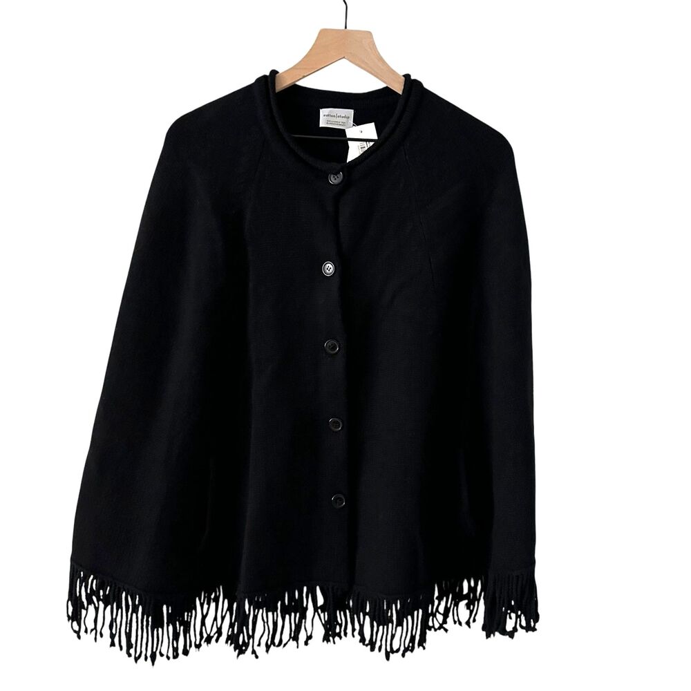 Sutton Studio Bloomingdale’s Black 100% Wool Button-Up Shawl with Fringe – NWT